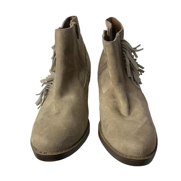 Mossimo Faux Suede Western Ankle Boots 7.5 Taupe Side Zipper Fringe Block Heel - Picture 2 of 9